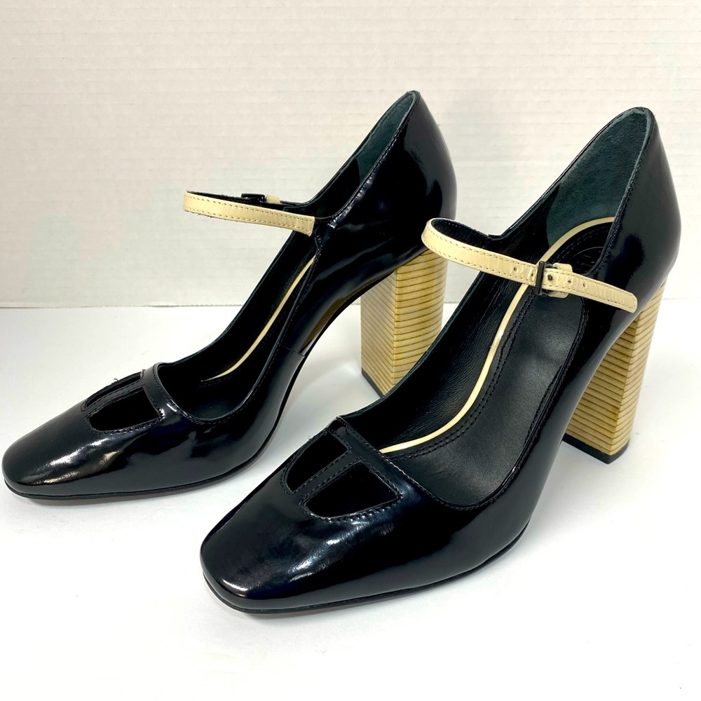 Tory Burch Faye Black Dark Ivory Patent Leather Block Pump Heels Size 7